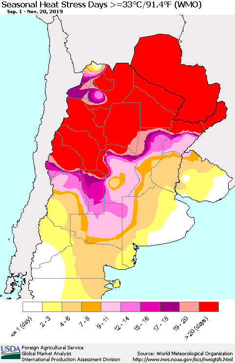 Southern South America Seasonal Heat Stress Days >=35°C/95°F (WMO) Thematic Map For 9/1/2019 - 11/20/2019
