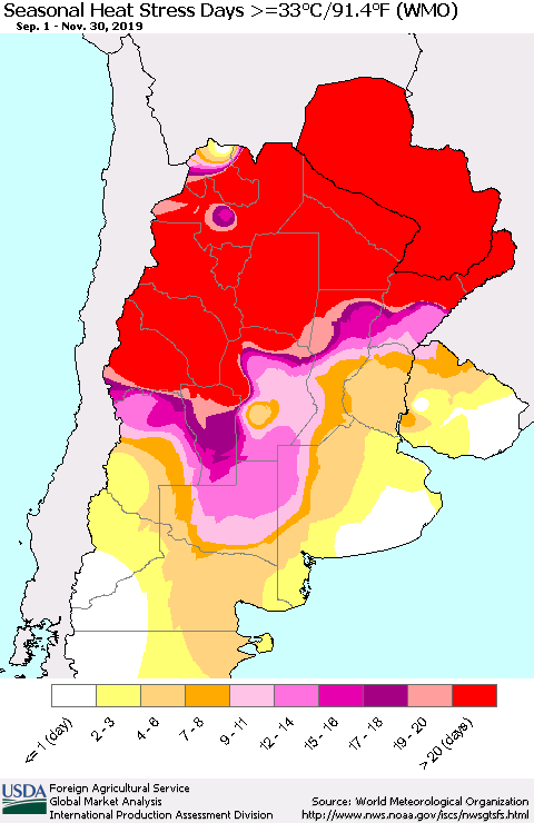 Southern South America Seasonal Heat Stress Days >=35°C/95°F (WMO) Thematic Map For 9/1/2019 - 11/30/2019