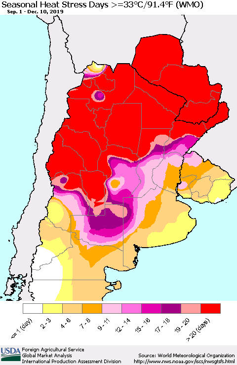 Southern South America Seasonal Heat Stress Days >=35°C/95°F (WMO) Thematic Map For 9/1/2019 - 12/10/2019