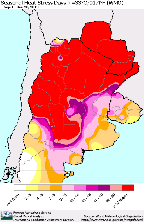 Southern South America Seasonal Heat Stress Days >=35°C/95°F (WMO) Thematic Map For 9/1/2019 - 12/20/2019