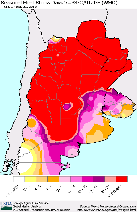 Southern South America Seasonal Heat Stress Days >=35°C/95°F (WMO) Thematic Map For 9/1/2019 - 12/31/2019
