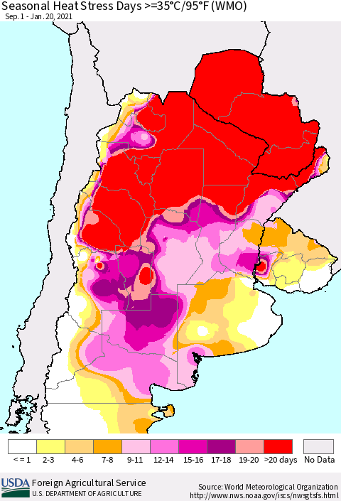 Southern South America Seasonal Heat Stress Days >=35°C/95°F (WMO) Thematic Map For 9/1/2020 - 1/20/2021