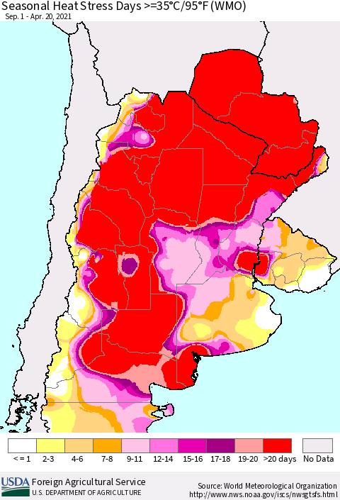 Southern South America Seasonal Heat Stress Days >=35°C/95°F (WMO) Thematic Map For 9/1/2020 - 4/20/2021