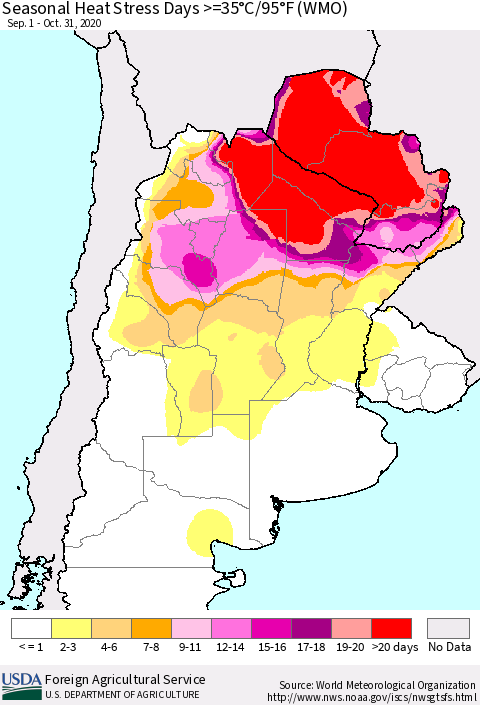 Southern South America Seasonal Heat Stress Days >=35°C/95°F (WMO) Thematic Map For 9/1/2020 - 10/31/2020