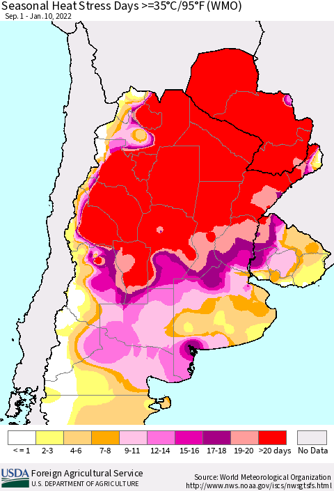 Southern South America Seasonal Heat Stress Days >=35°C/95°F (WMO) Thematic Map For 9/1/2021 - 1/10/2022