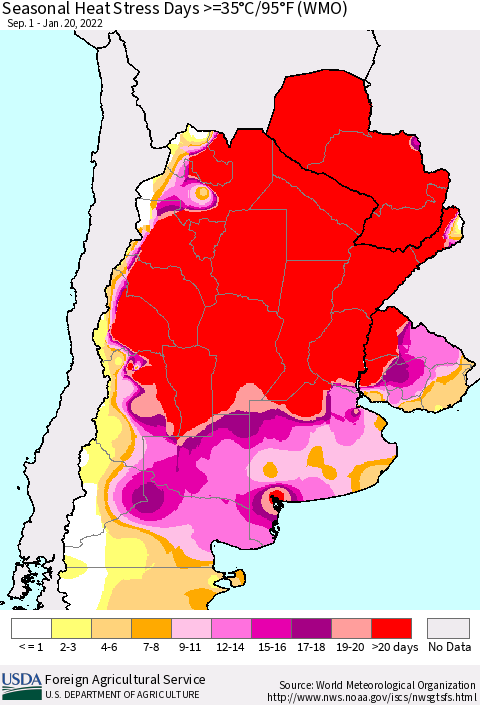 Southern South America Seasonal Heat Stress Days >=35°C/95°F (WMO) Thematic Map For 9/1/2021 - 1/20/2022