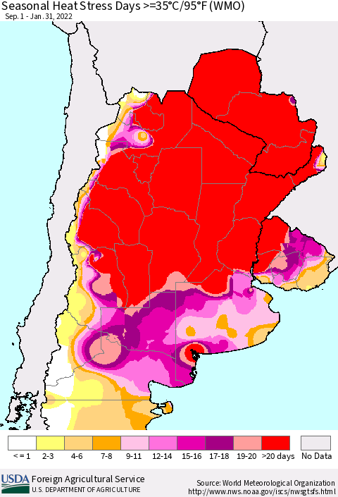 Southern South America Seasonal Heat Stress Days >=35°C/95°F (WMO) Thematic Map For 9/1/2021 - 1/31/2022