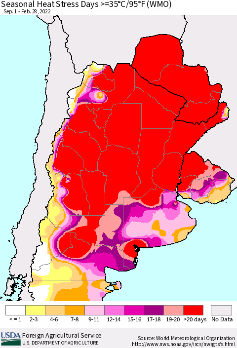 Southern South America Seasonal Heat Stress Days >=35°C/95°F (WMO) Thematic Map For 9/1/2021 - 2/28/2022