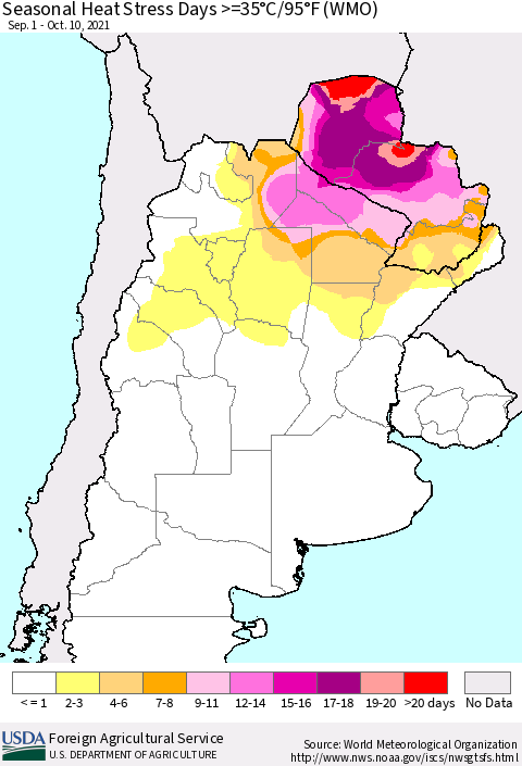 Southern South America Seasonal Heat Stress Days >=35°C/95°F (WMO) Thematic Map For 9/1/2021 - 10/10/2021