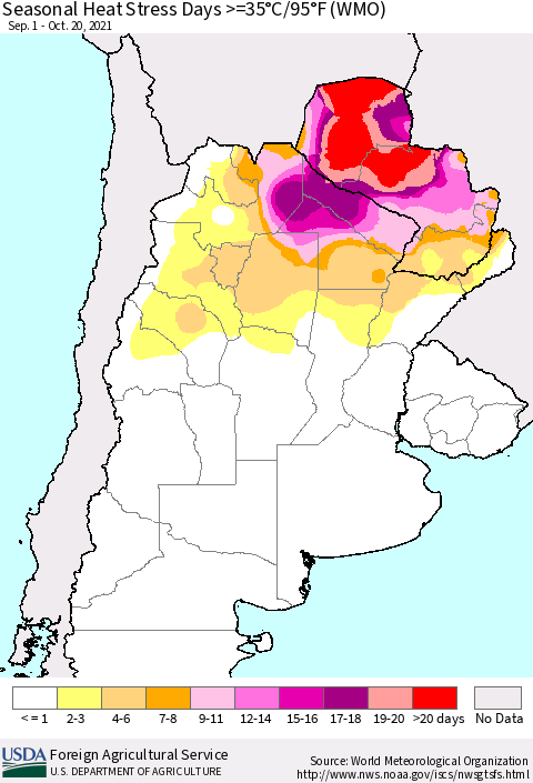 Southern South America Seasonal Heat Stress Days >=35°C/95°F (WMO) Thematic Map For 9/1/2021 - 10/20/2021