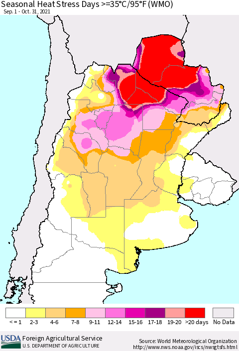 Southern South America Seasonal Heat Stress Days >=35°C/95°F (WMO) Thematic Map For 9/1/2021 - 10/31/2021