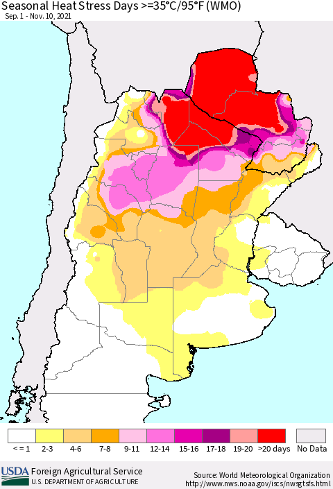 Southern South America Seasonal Heat Stress Days >=35°C/95°F (WMO) Thematic Map For 9/1/2021 - 11/10/2021