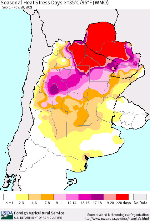 Southern South America Seasonal Heat Stress Days >=35°C/95°F (WMO) Thematic Map For 9/1/2021 - 11/20/2021