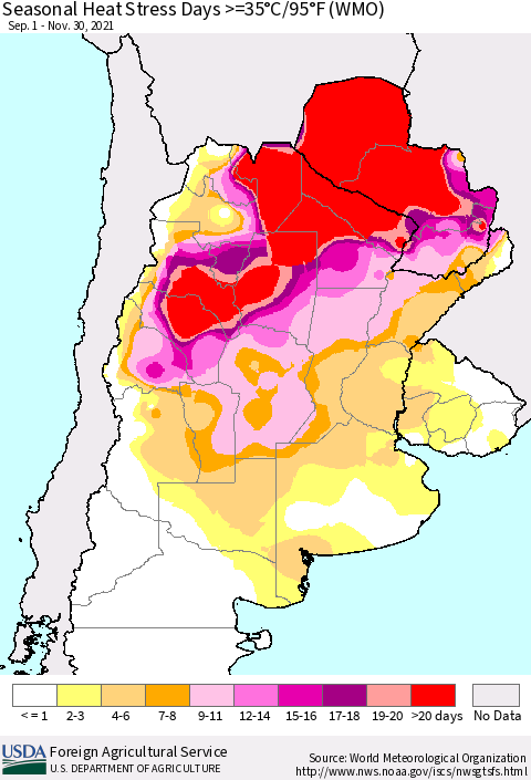 Southern South America Seasonal Heat Stress Days >=35°C/95°F (WMO) Thematic Map For 9/1/2021 - 11/30/2021