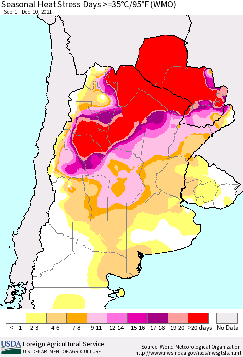 Southern South America Seasonal Heat Stress Days >=35°C/95°F (WMO) Thematic Map For 9/1/2021 - 12/10/2021