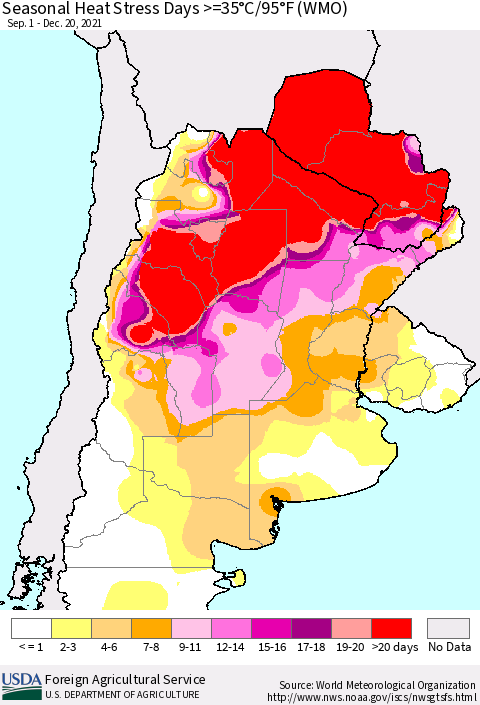 Southern South America Seasonal Heat Stress Days >=35°C/95°F (WMO) Thematic Map For 9/1/2021 - 12/20/2021