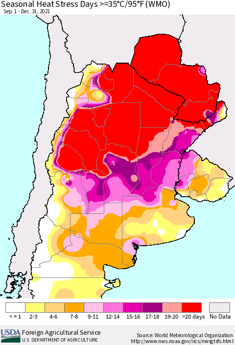 Southern South America Seasonal Heat Stress Days >=35°C/95°F (WMO) Thematic Map For 9/1/2021 - 12/31/2021