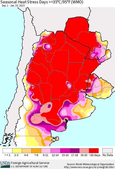 Southern South America Seasonal Heat Stress Days >=35°C/95°F (WMO) Thematic Map For 9/1/2022 - 1/10/2023