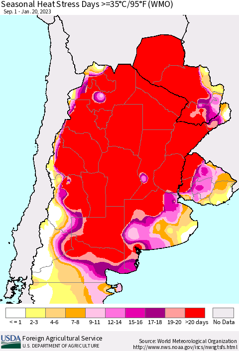 Southern South America Seasonal Heat Stress Days >=35°C/95°F (WMO) Thematic Map For 9/1/2022 - 1/20/2023