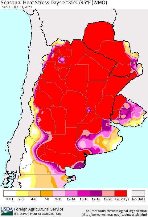 Southern South America Seasonal Heat Stress Days >=35°C/95°F (WMO) Thematic Map For 9/1/2022 - 1/31/2023