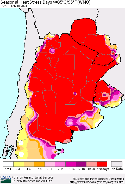 Southern South America Seasonal Heat Stress Days >=35°C/95°F (WMO) Thematic Map For 9/1/2022 - 2/10/2023
