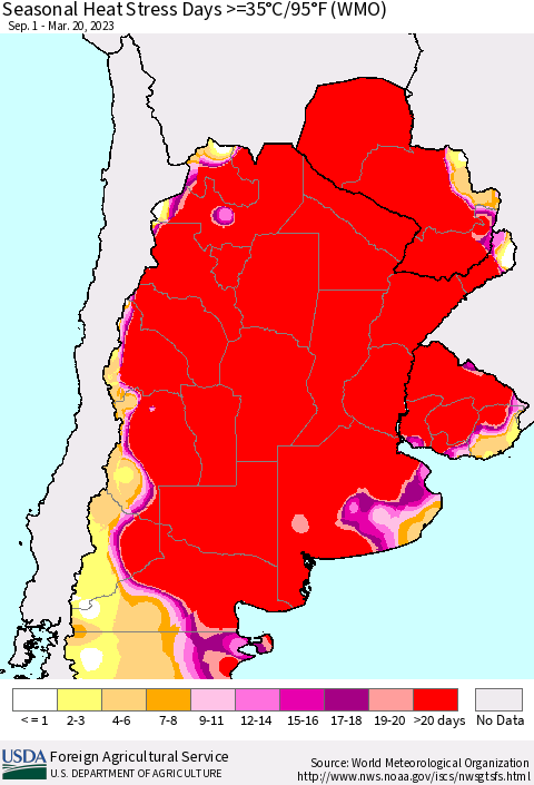 Southern South America Seasonal Heat Stress Days >=35°C/95°F (WMO) Thematic Map For 9/1/2022 - 3/20/2023