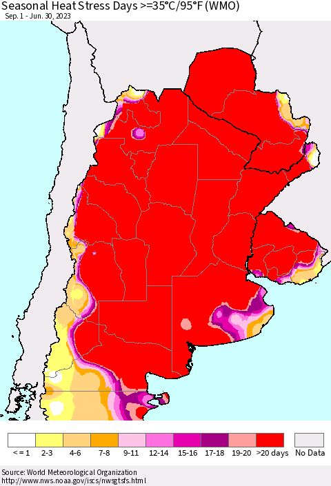 Southern South America Seasonal Heat Stress Days >=35°C/95°F (WMO) Thematic Map For 9/1/2022 - 6/30/2023
