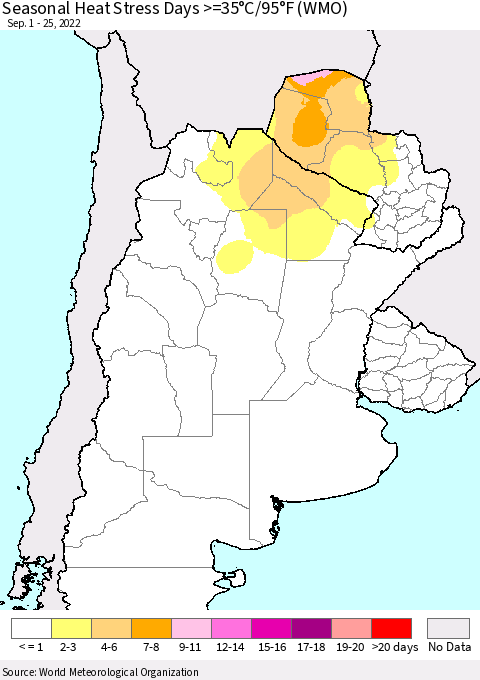 Southern South America Seasonal Heat Stress Days >=35°C/95°F (WMO) Thematic Map For 9/1/2022 - 9/25/2022