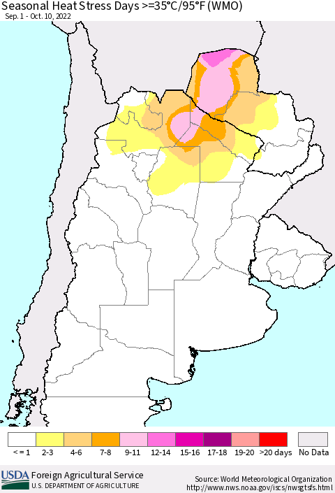 Southern South America Seasonal Heat Stress Days >=35°C/95°F (WMO) Thematic Map For 9/1/2022 - 10/10/2022