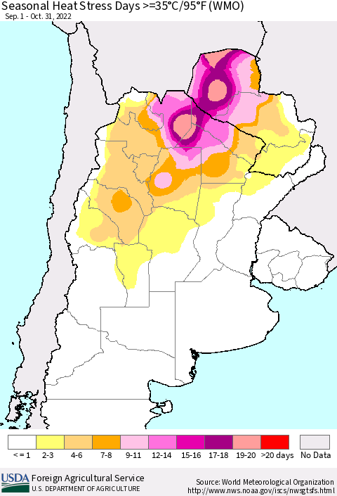 Southern South America Seasonal Heat Stress Days >=35°C/95°F (WMO) Thematic Map For 9/1/2022 - 10/31/2022