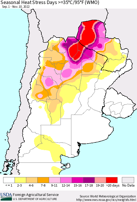 Southern South America Seasonal Heat Stress Days >=35°C/95°F (WMO) Thematic Map For 9/1/2022 - 11/10/2022