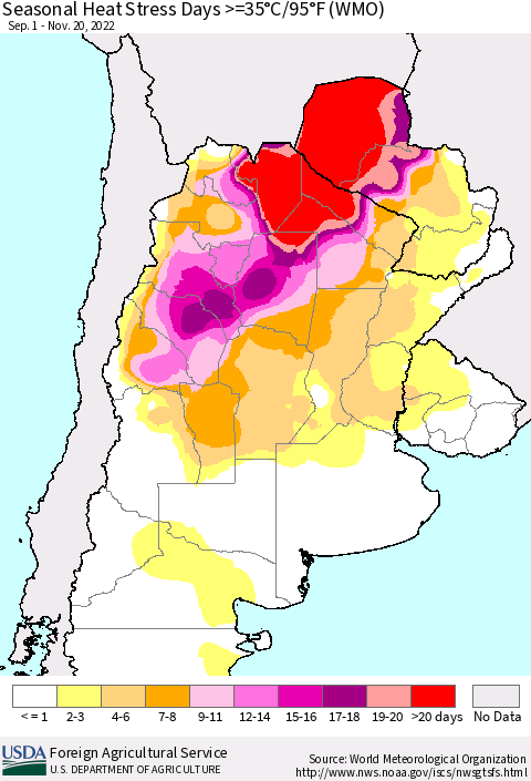 Southern South America Seasonal Heat Stress Days >=35°C/95°F (WMO) Thematic Map For 9/1/2022 - 11/20/2022