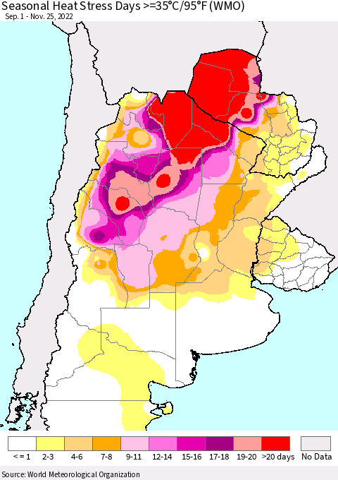 Southern South America Seasonal Heat Stress Days >=35°C/95°F (WMO) Thematic Map For 9/1/2022 - 11/25/2022