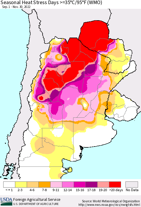 Southern South America Seasonal Heat Stress Days >=35°C/95°F (WMO) Thematic Map For 9/1/2022 - 11/30/2022
