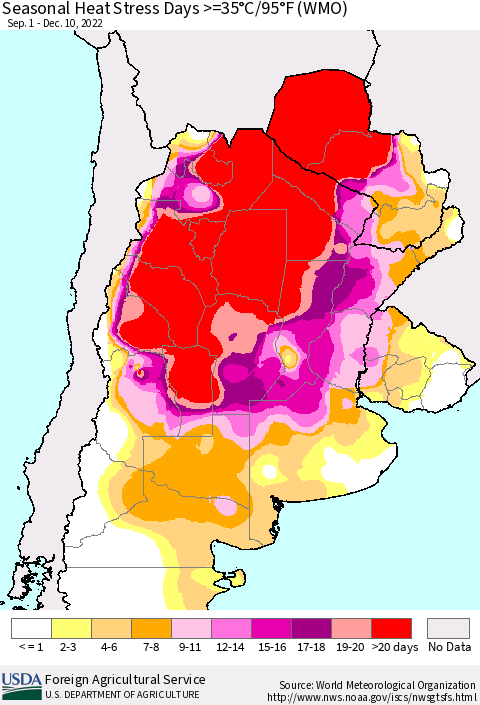 Southern South America Seasonal Heat Stress Days >=35°C/95°F (WMO) Thematic Map For 9/1/2022 - 12/10/2022