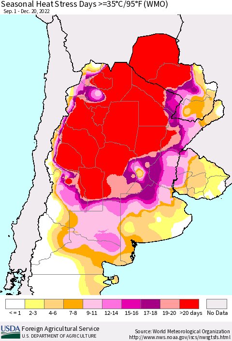 Southern South America Seasonal Heat Stress Days >=35°C/95°F (WMO) Thematic Map For 9/1/2022 - 12/20/2022