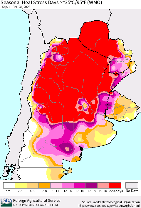 Southern South America Seasonal Heat Stress Days >=35°C/95°F (WMO) Thematic Map For 9/1/2022 - 12/31/2022