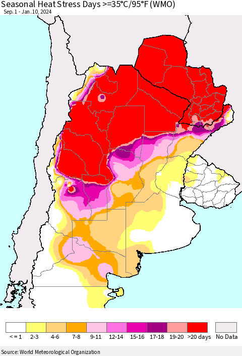 Southern South America Seasonal Heat Stress Days >=35°C/95°F (WMO) Thematic Map For 9/1/2023 - 1/10/2024