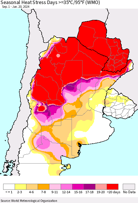 Southern South America Seasonal Heat Stress Days >=35°C/95°F (WMO) Thematic Map For 9/1/2023 - 1/20/2024