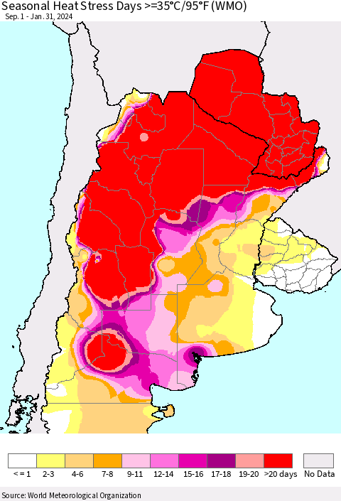 Southern South America Seasonal Heat Stress Days >=35°C/95°F (WMO) Thematic Map For 9/1/2023 - 1/31/2024