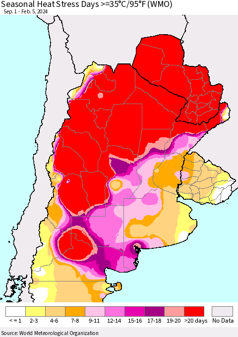 Southern South America Seasonal Heat Stress Days >=35°C/95°F (WMO) Thematic Map For 9/1/2023 - 2/5/2024