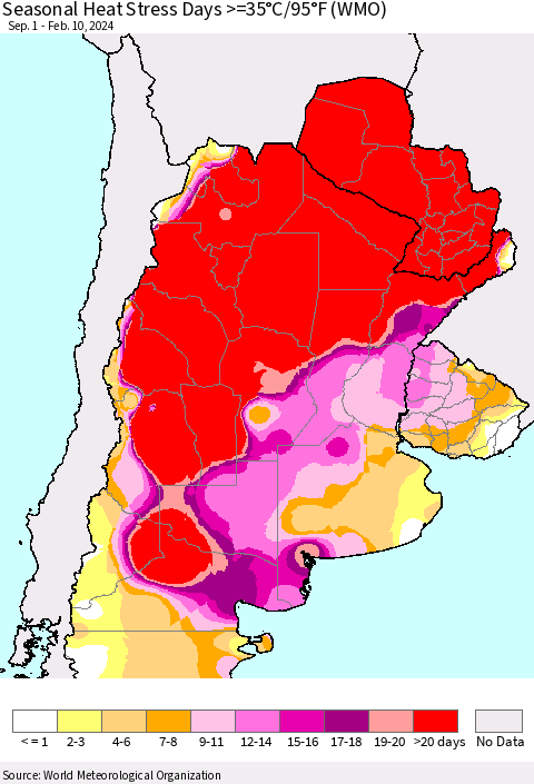 Southern South America Seasonal Heat Stress Days >=35°C/95°F (WMO) Thematic Map For 9/1/2023 - 2/10/2024