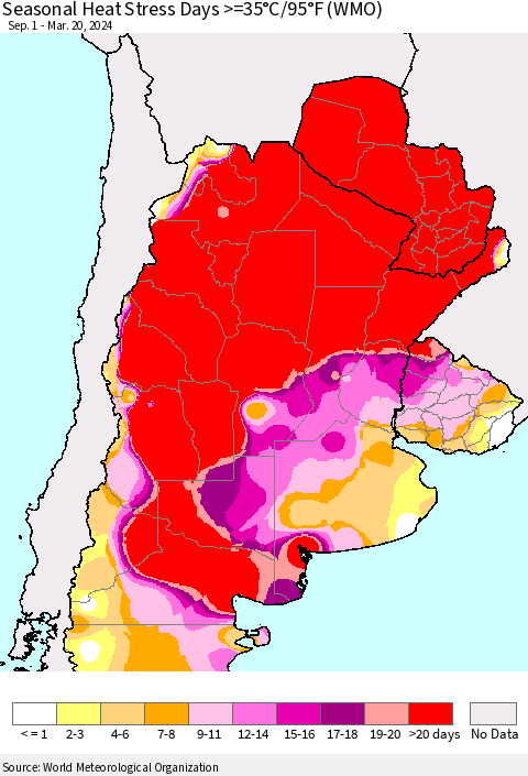 Southern South America Seasonal Heat Stress Days >=35°C/95°F (WMO) Thematic Map For 9/1/2023 - 3/20/2024
