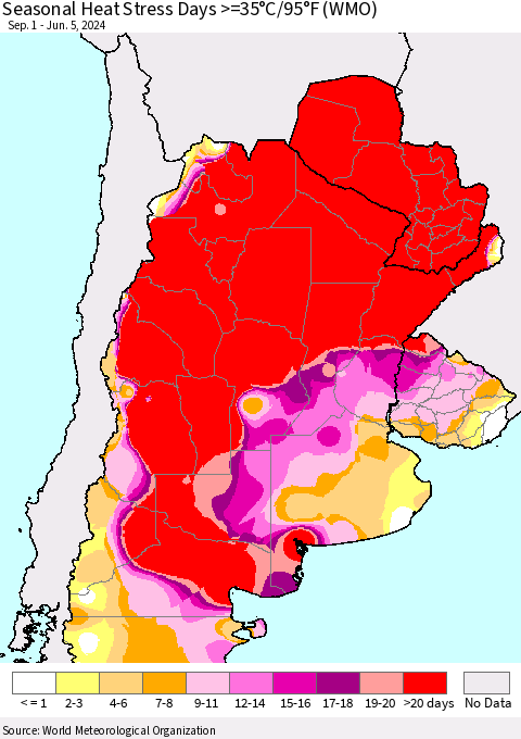 Southern South America Seasonal Heat Stress Days >=35°C/95°F (WMO) Thematic Map For 9/1/2023 - 6/5/2024