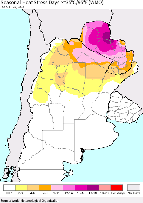 Southern South America Seasonal Heat Stress Days >=35°C/95°F (WMO) Thematic Map For 9/1/2023 - 9/25/2023