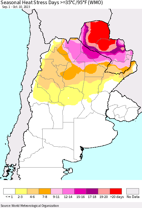 Southern South America Seasonal Heat Stress Days >=35°C/95°F (WMO) Thematic Map For 9/1/2023 - 10/10/2023