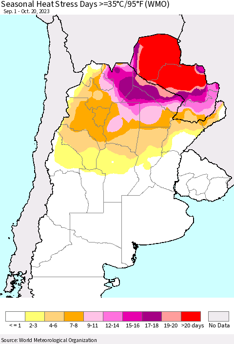Southern South America Seasonal Heat Stress Days >=35°C/95°F (WMO) Thematic Map For 9/1/2023 - 10/20/2023