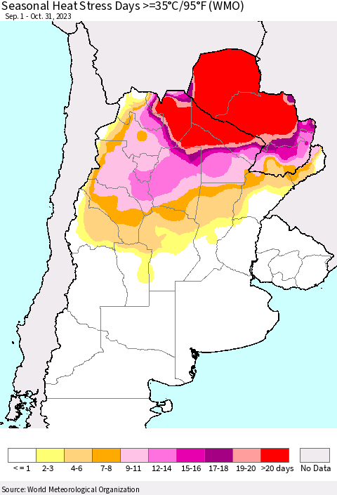Southern South America Seasonal Heat Stress Days >=35°C/95°F (WMO) Thematic Map For 9/1/2023 - 10/31/2023