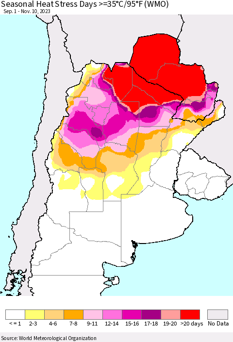 Southern South America Seasonal Heat Stress Days >=35°C/95°F (WMO) Thematic Map For 9/1/2023 - 11/10/2023