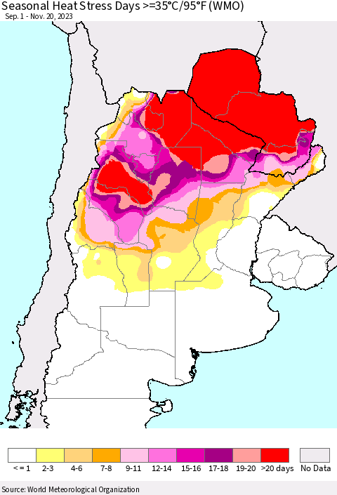 Southern South America Seasonal Heat Stress Days >=35°C/95°F (WMO) Thematic Map For 9/1/2023 - 11/20/2023